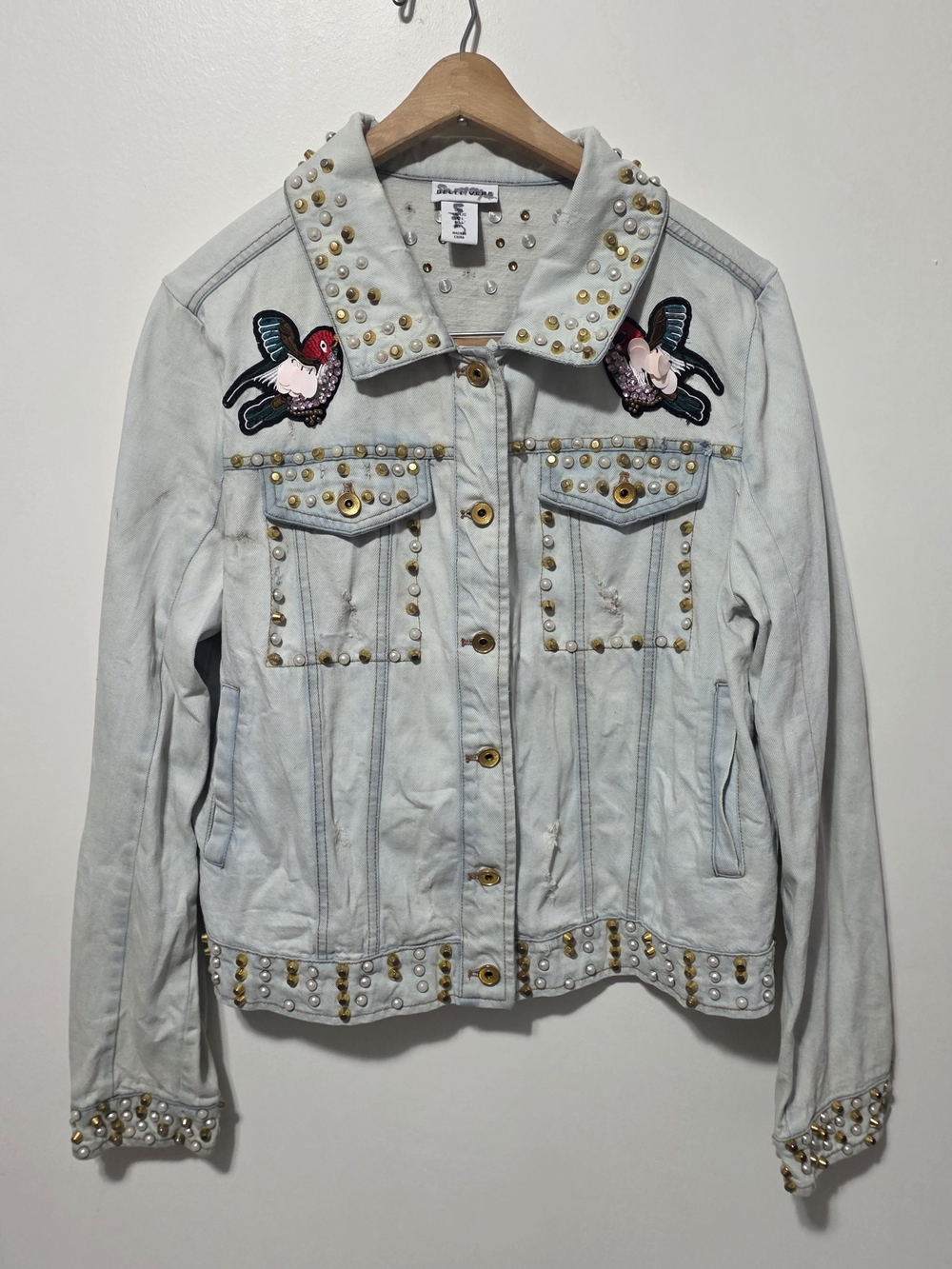 Studded Embroidered Light Blue Denim Jacket by Faded Glory